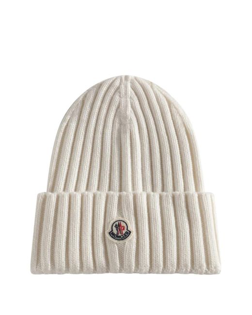 Moncler White Gerippte Mütze Mit Logo