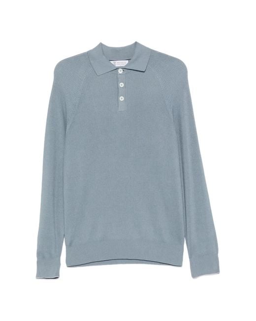 Brunello Cucinelli Blue Ribbed Long-Sleeve Polo Shirt for men