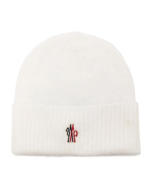 Moncler White Beanie Mit Logo-Patch