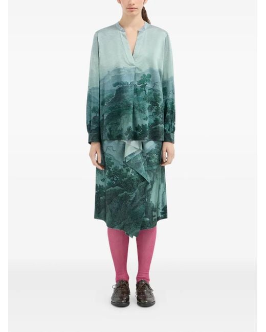 Pierre Louis Mascia Green Landscape-Print Blouse