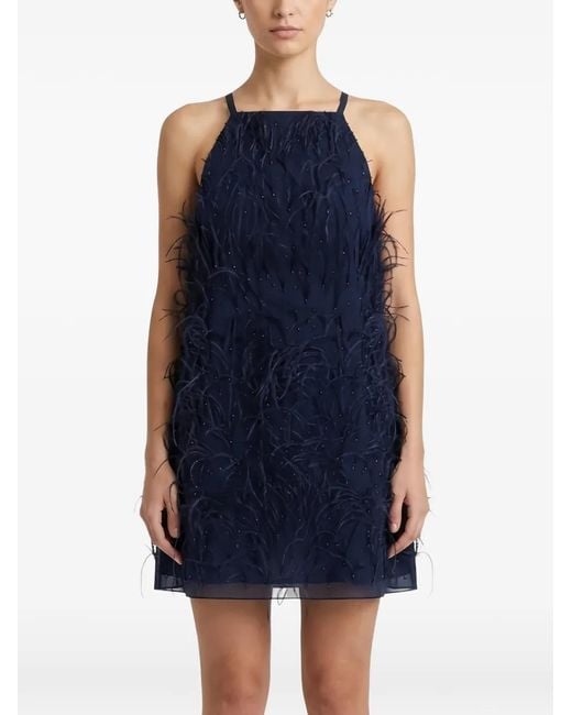 Pinko Blue Feather-Trim Sequin-Embellished Dress