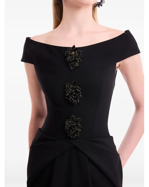 Gemy Maalouf Black Floral-Embellished Off-Shoulder Dress