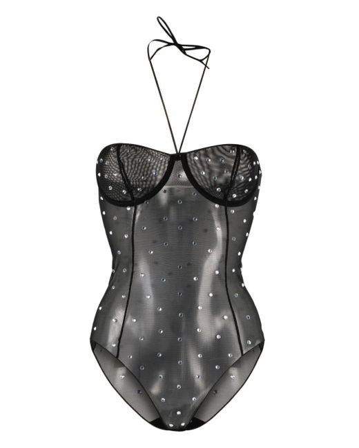 Oseree Black Halterneck Bodysuit Embellished With Crystals