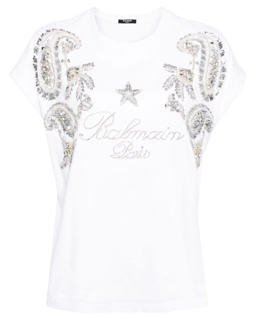 Balmain White Crystal-embellished Cotton T-shirt
