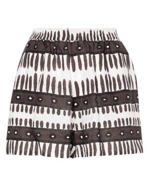 Maison La Plage Brown Abstract-Print Linen Shorts
