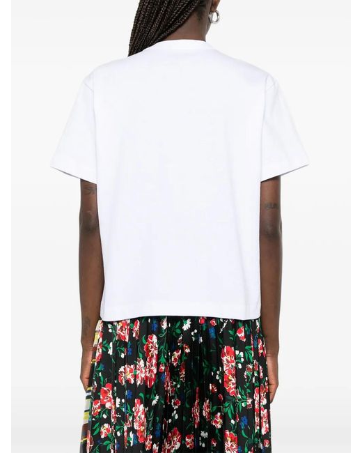 Sacai White Graphic-Print Organza-Trimmed T-Shirt