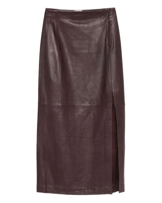 Alysi Brown Leather Side-Split Long Skirt