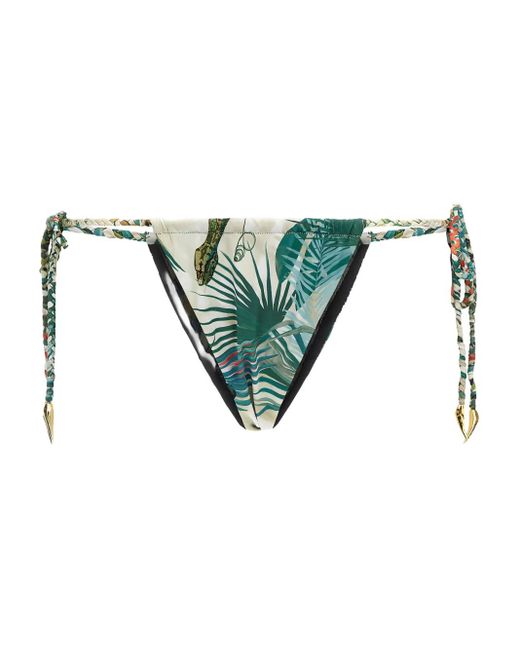 Roberto Cavalli Green Snake-Print Tie-Side Bikini Bottom