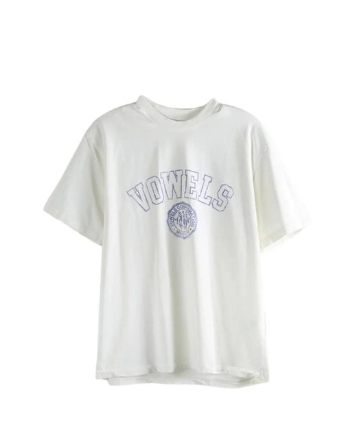 vowels White Collegiate Logo-Print Distressed T-Shirt for men