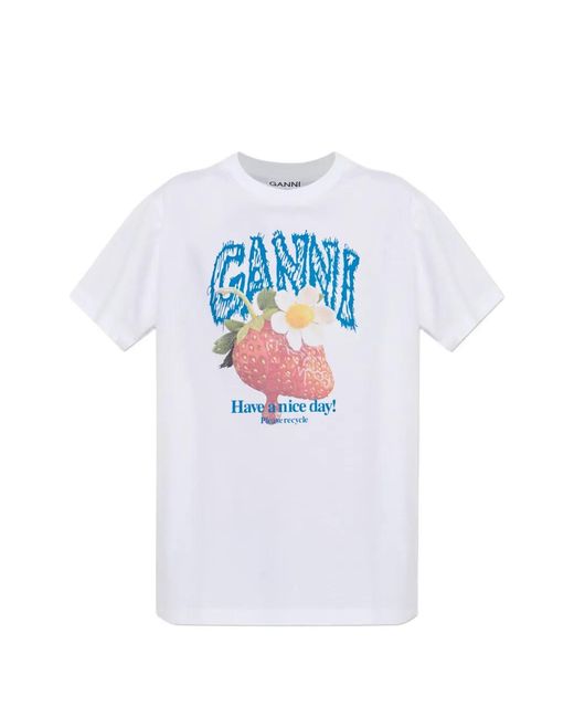 Ganni White Strawberry-Print T-Shirt