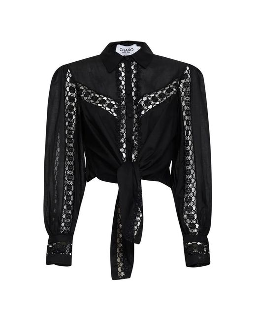Charo Ruiz Black Ibiza Lace-Detail Cropped Shirt
