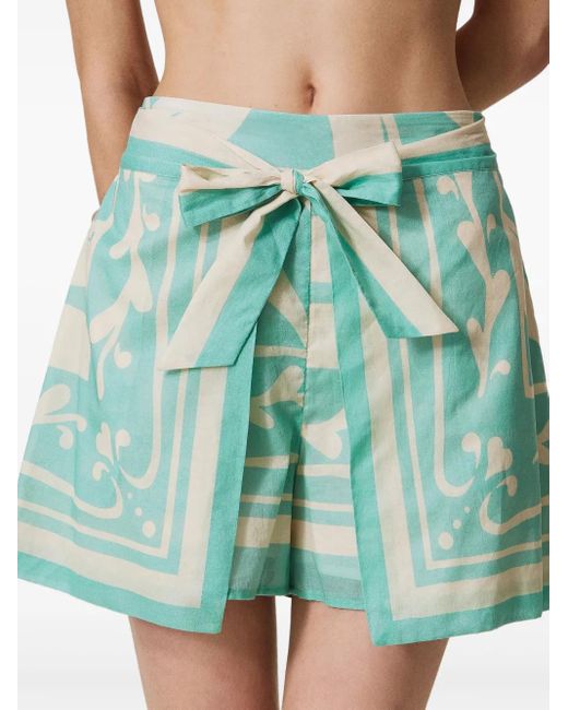 Twinset Green Patterned Tie-Waist Shorts