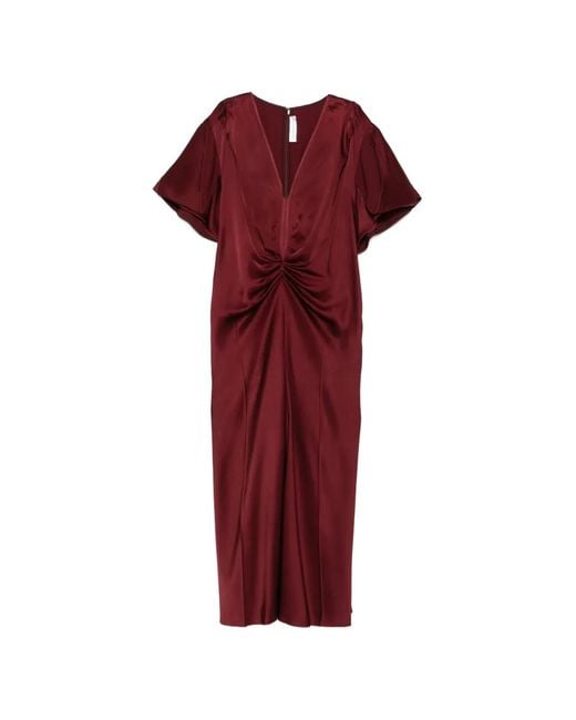 Victoria Beckham Red V-Neck Draped Midi Dress
