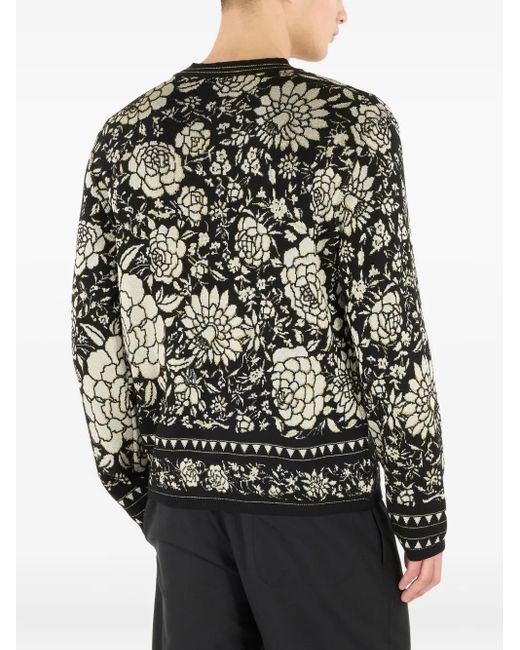 Roberto Cavalli Black Floral-Pattern Wool Sweater for men