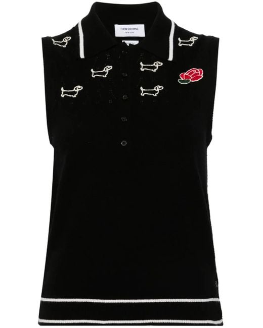 Thom Browne Black Hector-Embroidered Virgin Wool Top