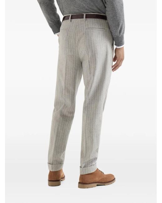 Brunello Cucinelli Gray Virgin Wool And Cashmere Chalk Stripe Flannel Trousers With Pleat for men