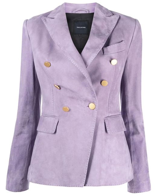 Tagliatore Purple Double-Breasted Leather Suede Blazer
