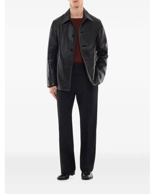 Fursac Black Button-Front Leather Jacket for men