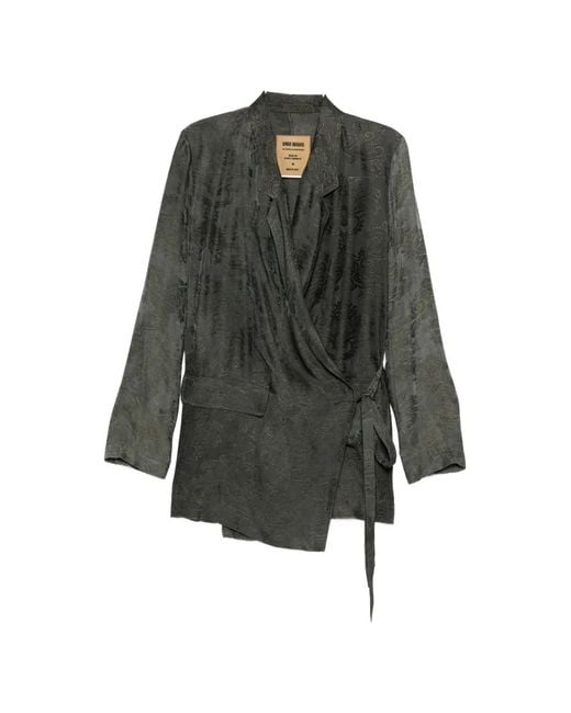 Uma Wang Gray Damask-Pattern Wrap Jacket