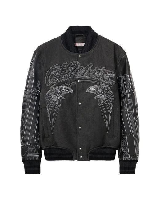Off-White c/o Virgil Abloh Black Skyline Leather-Sleeve Varsity Jacket for men