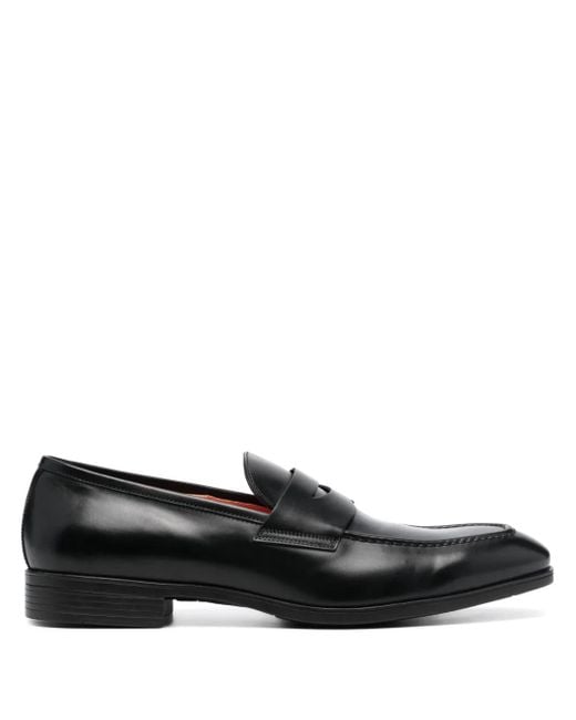 Santoni Black Polished Leather Penny Loafers for men