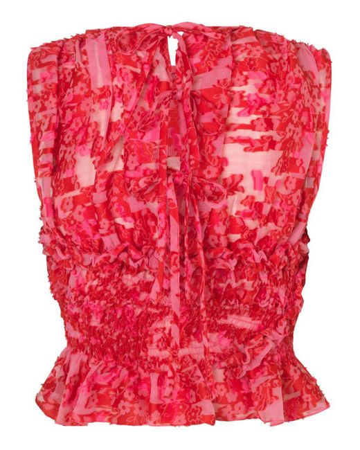 CECILIE BAHNSEN Red Floral Jacquard Sleeveless Blouse