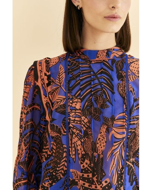 FARM Rio Blue Tropical Gold Pleated Long Sleeve Blouse Lyst