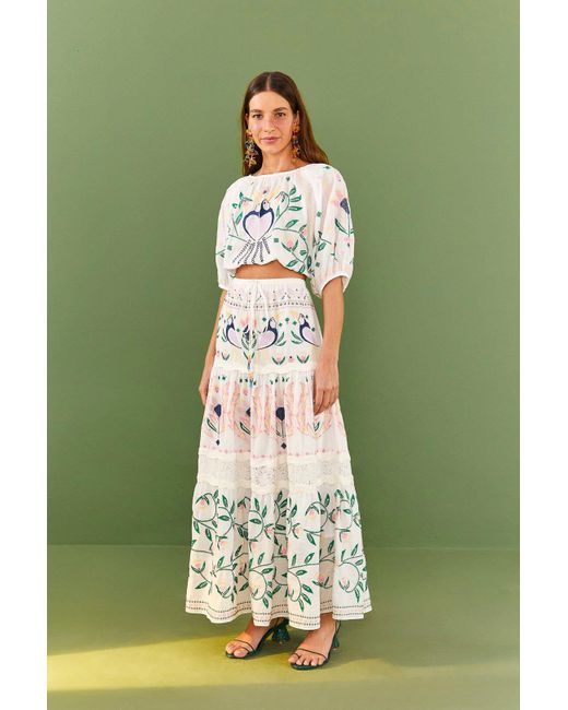 FARM Rio White Summer Garden Embroidered Maxi Skirt in Green | Lyst