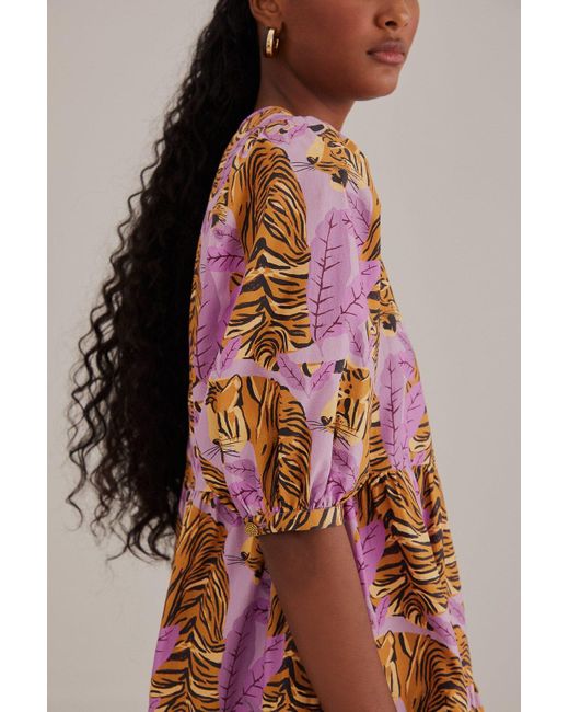 FARM Rio Lavender Tiger Leaves Puff Sleeve Mini Dress in Red | Lyst