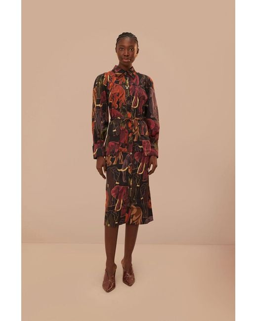 FARM Rio Elephants Long Sleeve Midi Dress, Elephants in Natural | Lyst