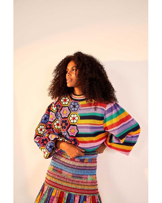 FARM Rio Flower Stripe Crochet Sweater in Blue | Lyst