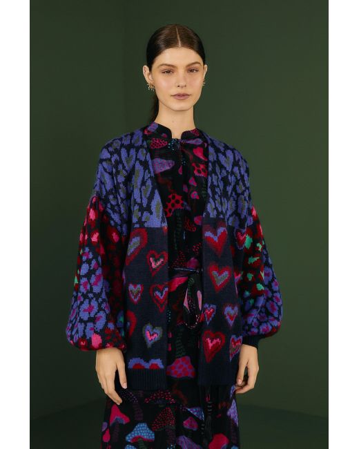 FARM Rio Wool Navy Ikat Dyed Hearts Cardigan in Green | Lyst