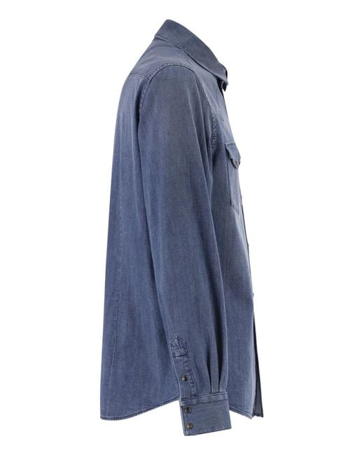 Peserico Blue Lightweight Cotton Denim Shirt With Patch Pockets for men