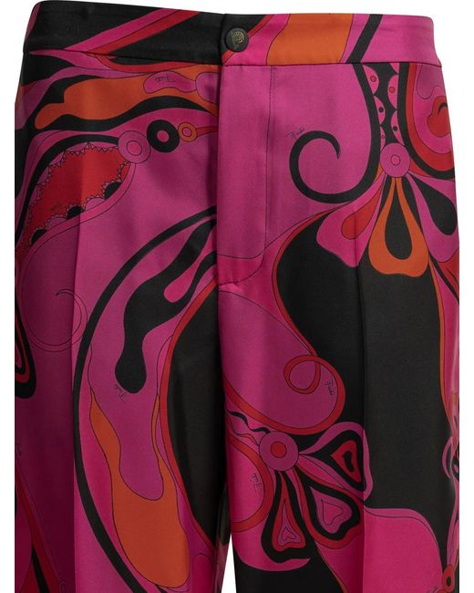 Emilio Pucci Red Orchidee Silk Acetate Polyester Casual Pants