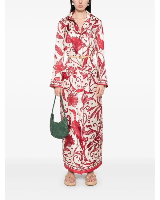 F.R.S For Restless Sleepers Red F.R. For Restless Sleepers Printed Silk Long Shirtdress