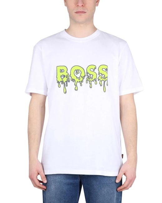 Boss White Logo Print Tshirt for men