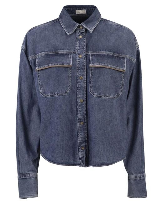 Brunello Cucinelli Blue Cropped Denim Shirt With Patch Pockets