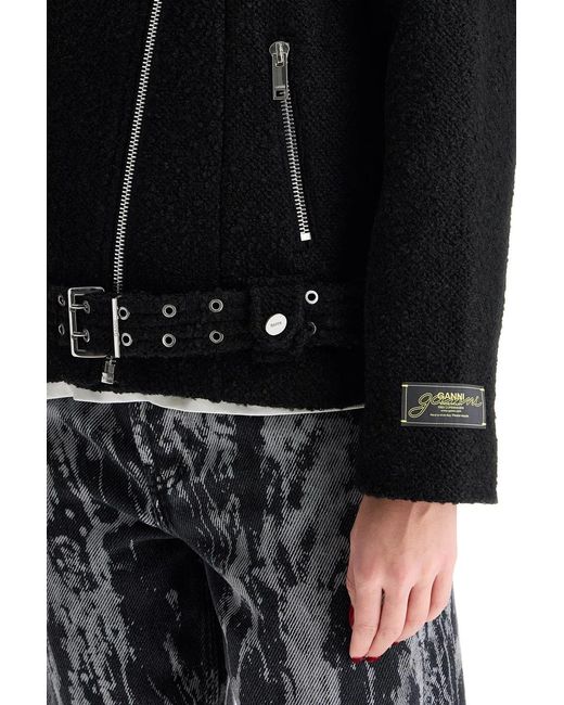 Ganni Black Boucle Wool Biker Jacket