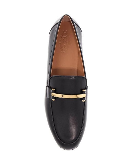 Tod's Black Branded Metal Bar Leather Loafers