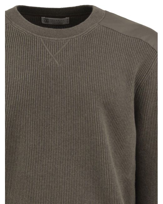 Brunello Cucinelli Gray Pure Cashmere Ribbed Crew-Neck Sweater With Cotton Details for men