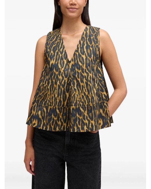 Ganni Green Leopard Print A-Line Sleeveless Top V-Neck