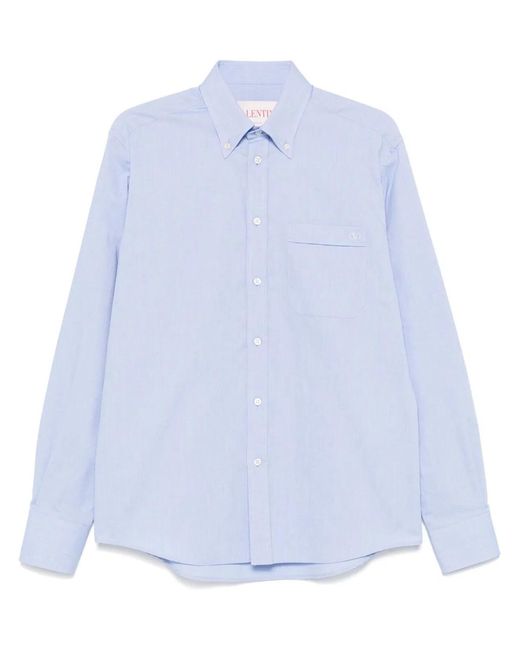 Valentino Garavani Blue Cotton Oxford Shirt With Vlogo Embroidery for men