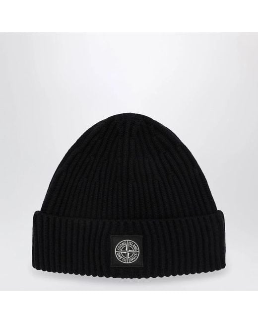 Stone Island Black Wool Beanie With Compass Patch for men