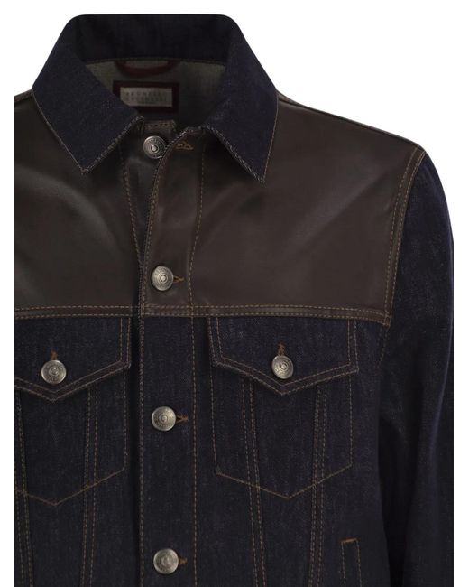 Brunello Cucinelli Black Cotton Denim Jacket With Leather Details for men
