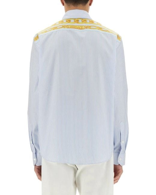 Versace Blue Striped Shirt With Silk Printed Insert for men