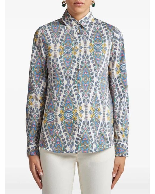 Etro Blue Printed Cotton Poplin Shirt