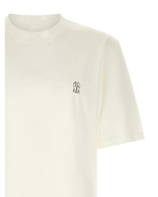 Brunello Cucinelli White Logo Embroidery T-Shirt for men