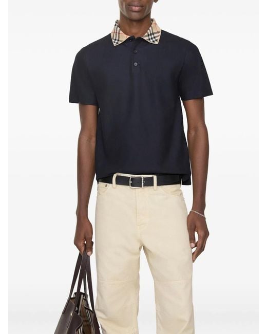 Burberry Blue Check-Collar Cotton Polo Shirt for men