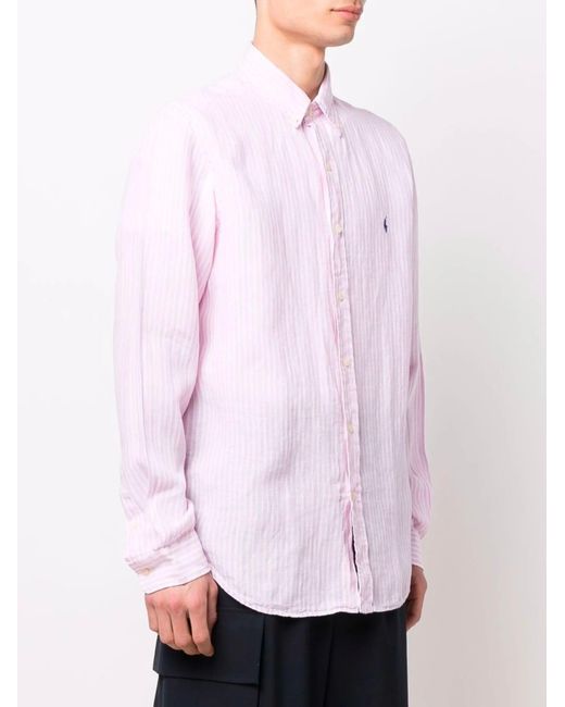 Polo Ralph Lauren Pink Custom Fit Striped Linen Shirt for men