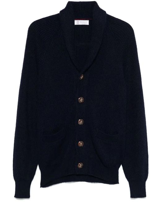 Brunello Cucinelli Blue English Rib Knit Cardigan for men